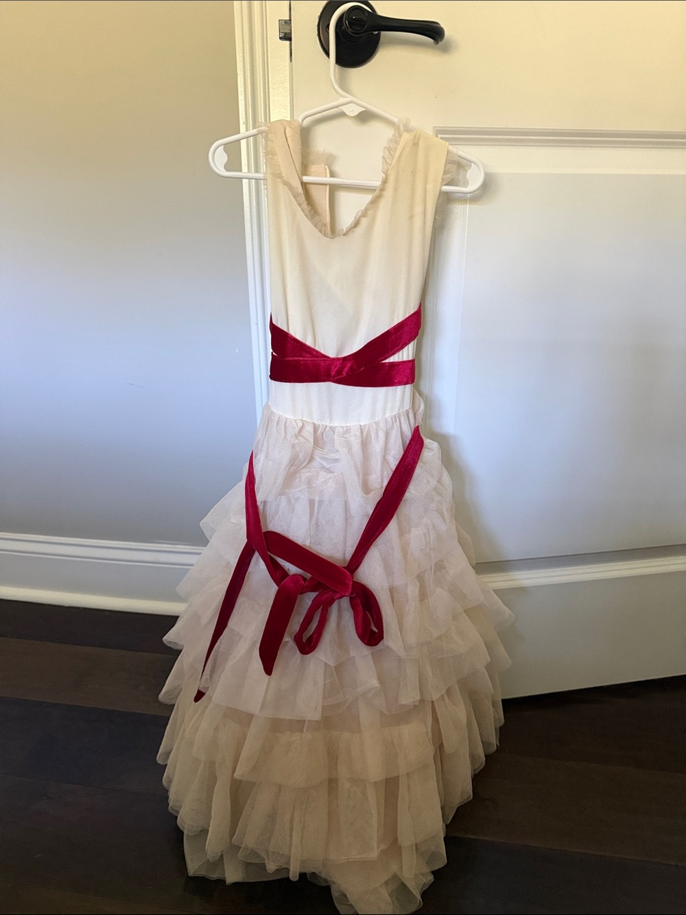 Joyfolie Ivory Layered Tulle Dress with Red Satin Ribbon
